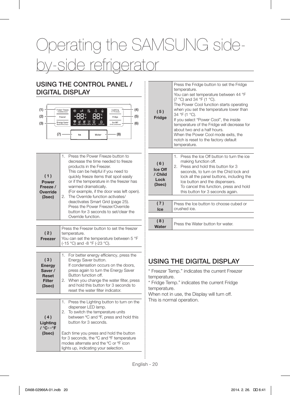 Operating the samsung side- by-side refrigerator, Using the digital display, Using the control panel / digital display | Samsung RS22HDHPNBC-AA User Manual | Page 20 / 116