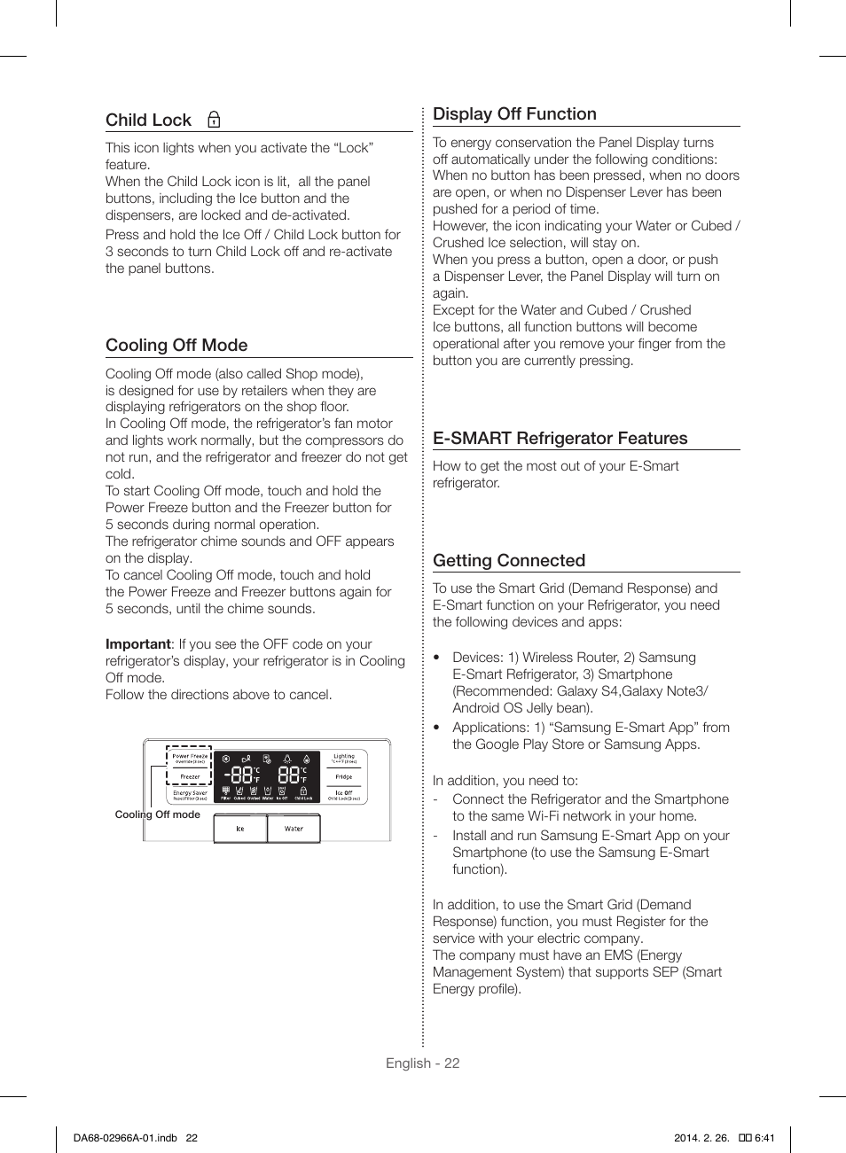 Child lock, Cooling off mode, Display off function | E-smart refrigerator features, Getting connected | Samsung RS22HDHPNBC-AA User Manual | Page 22 / 116