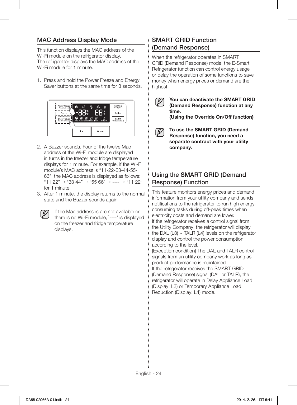 Mac address display mode, Smart grid function (demand response), Using the smart grid (demand response) function | Samsung RS22HDHPNBC-AA User Manual | Page 24 / 116