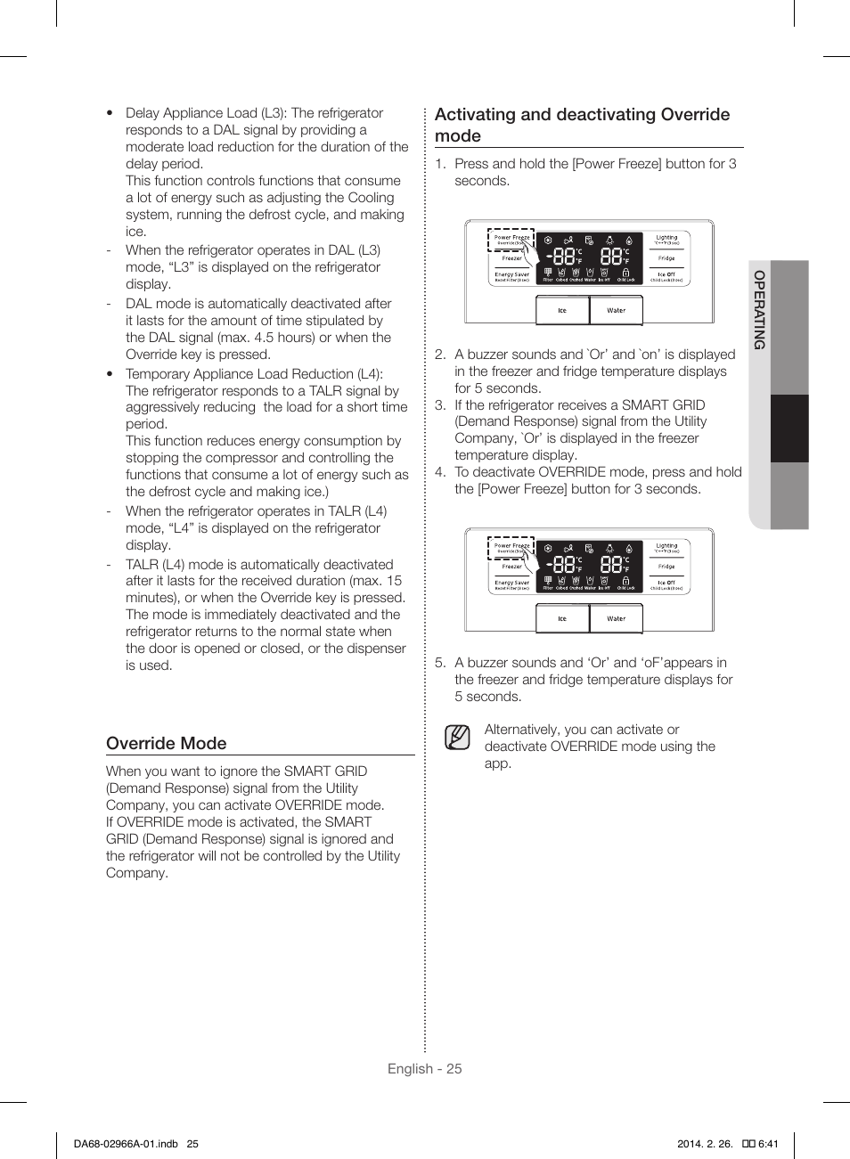 Override mode, Activating and deactivating override mode | Samsung RS22HDHPNBC-AA User Manual | Page 25 / 116