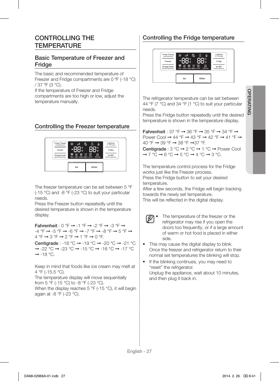 Controlling the temperature, Basic temperature of freezer and fridge, Controlling the freezer temperature | Controlling the fridge temperature | Samsung RS22HDHPNBC-AA User Manual | Page 27 / 116