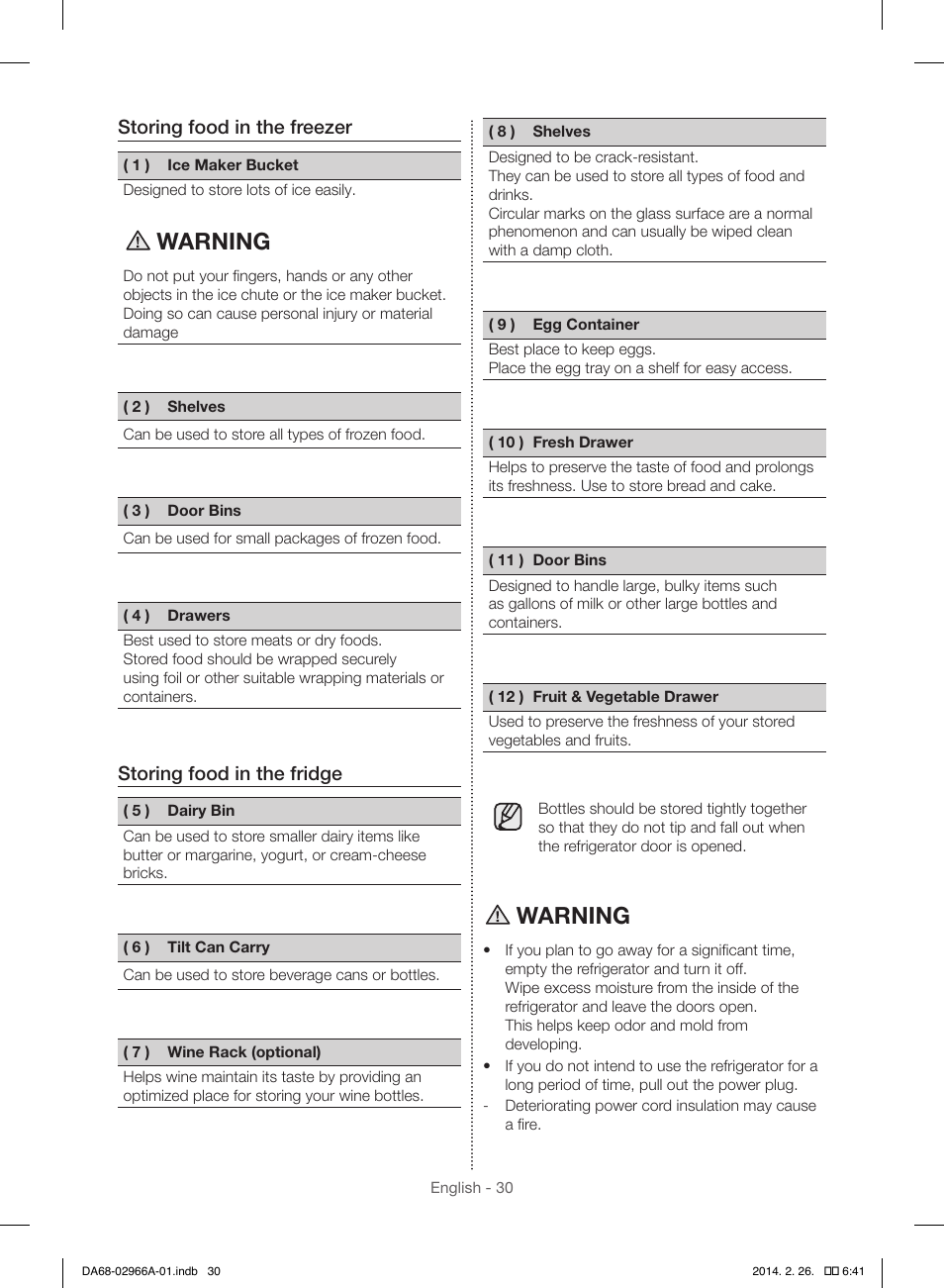 Warning | Samsung RS22HDHPNBC-AA User Manual | Page 30 / 116