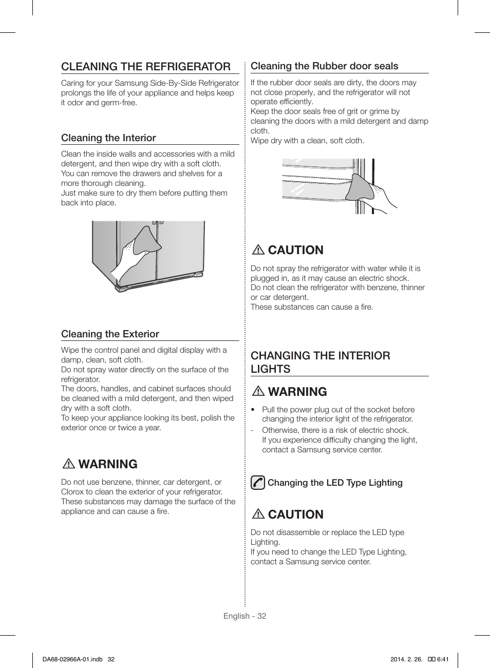 Warning, Caution, Cleaning the refrigerator | Changing the interior lights | Samsung RS22HDHPNBC-AA User Manual | Page 32 / 116