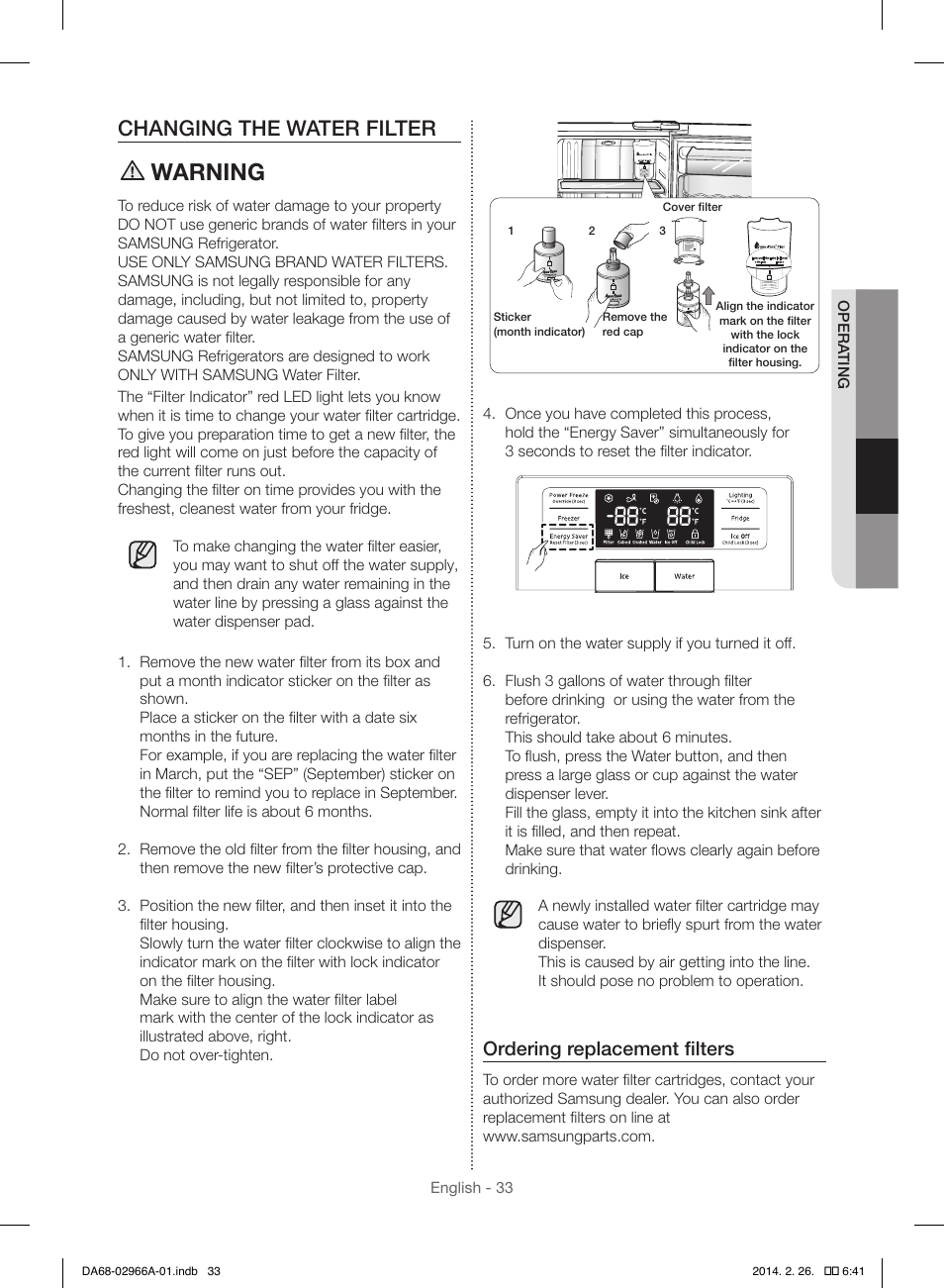 Warning, Changing the water filter, Ordering replacement filters | Samsung RS22HDHPNBC-AA User Manual | Page 33 / 116