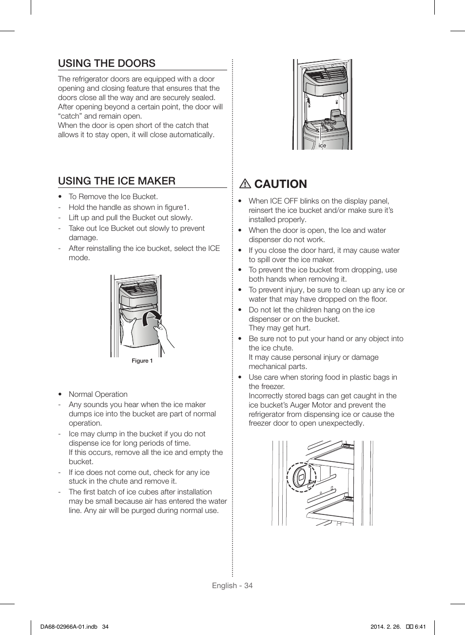 Caution, Using the doors, Using the ice maker | Samsung RS22HDHPNBC-AA User Manual | Page 34 / 116