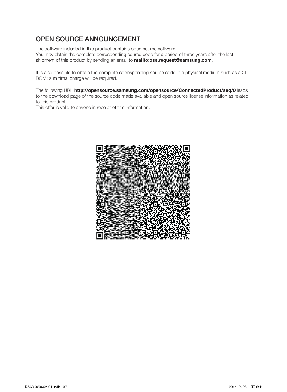 Open source announcement | Samsung RS22HDHPNBC-AA User Manual | Page 37 / 116