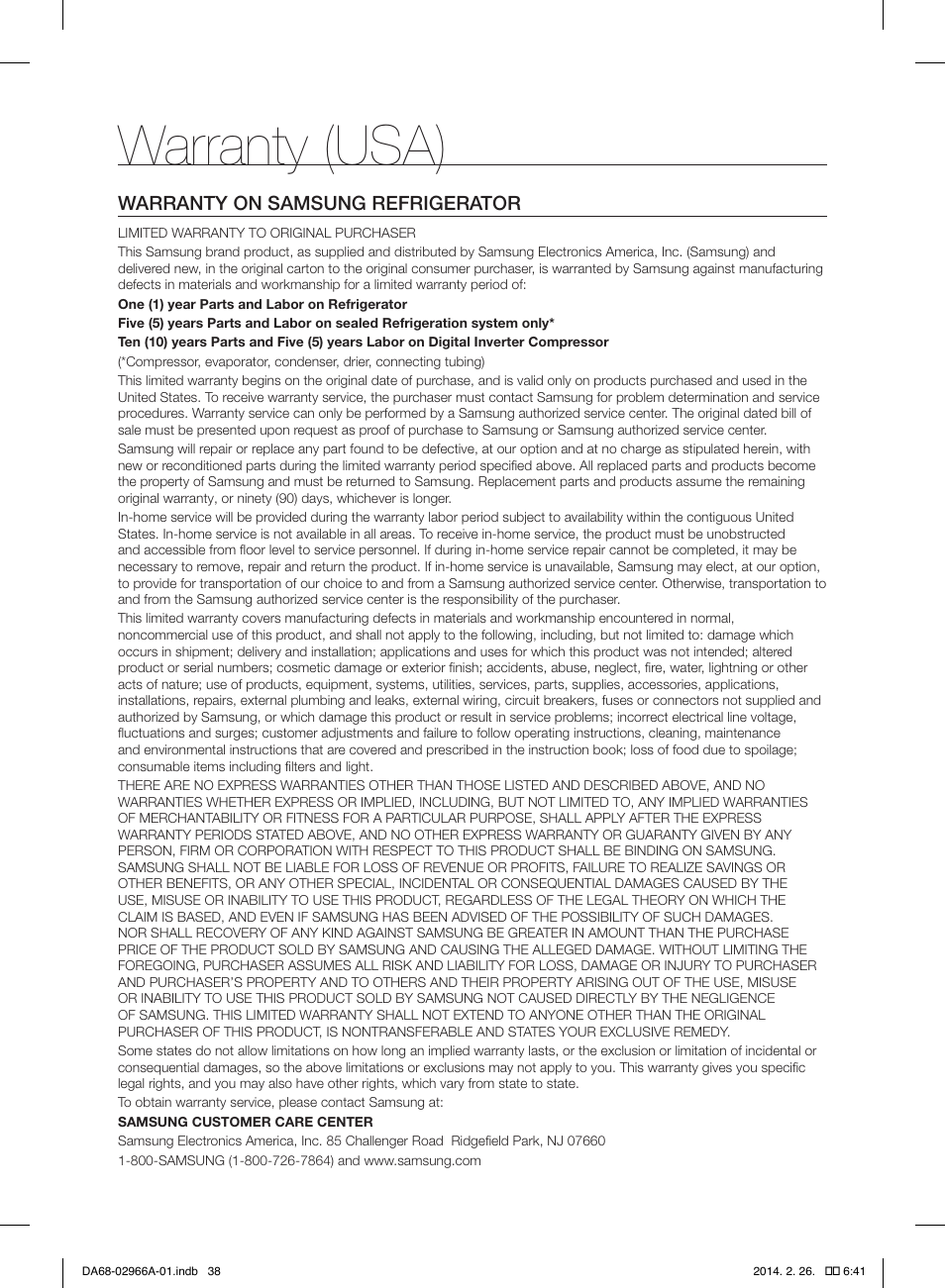 Warranty (usa) | Samsung RS22HDHPNBC-AA User Manual | Page 38 / 116