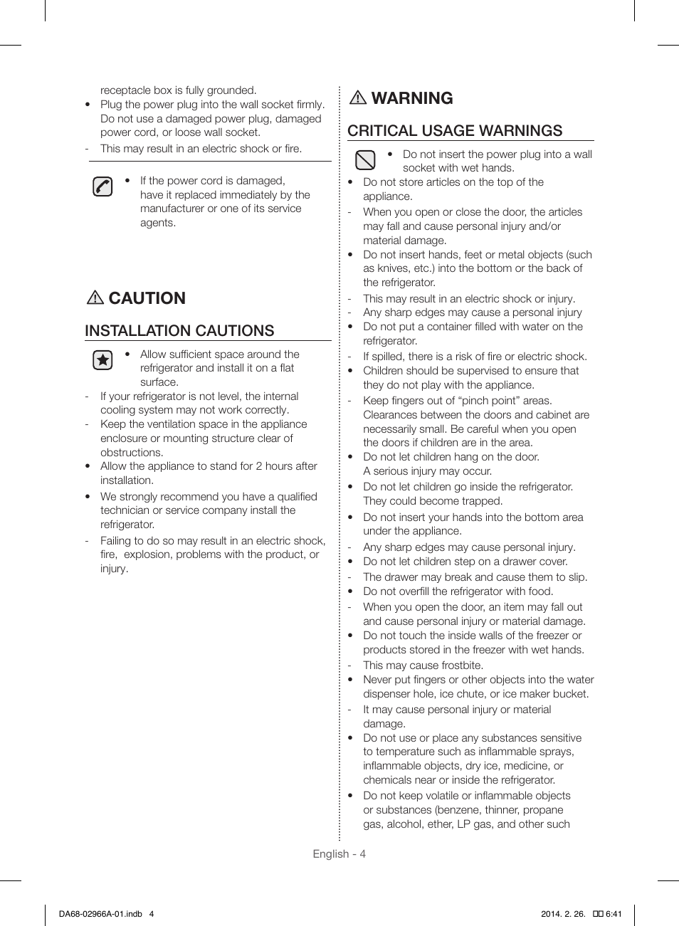 Caution, Warning, Installation cautions | Critical usage warnings | Samsung RS22HDHPNBC-AA User Manual | Page 4 / 116