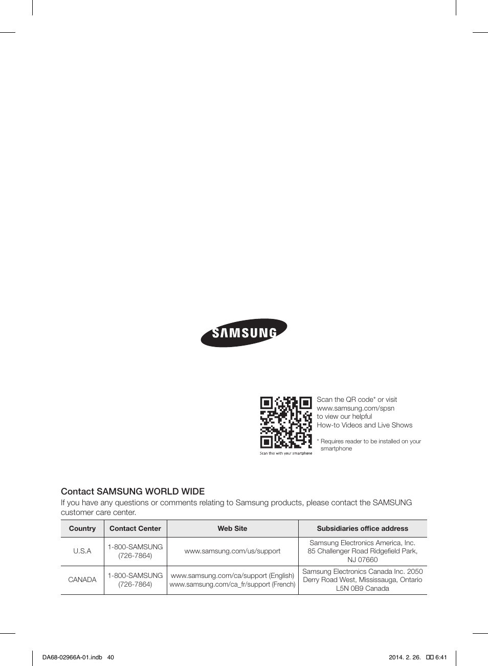 Contact samsung world wide | Samsung RS22HDHPNBC-AA User Manual | Page 40 / 116