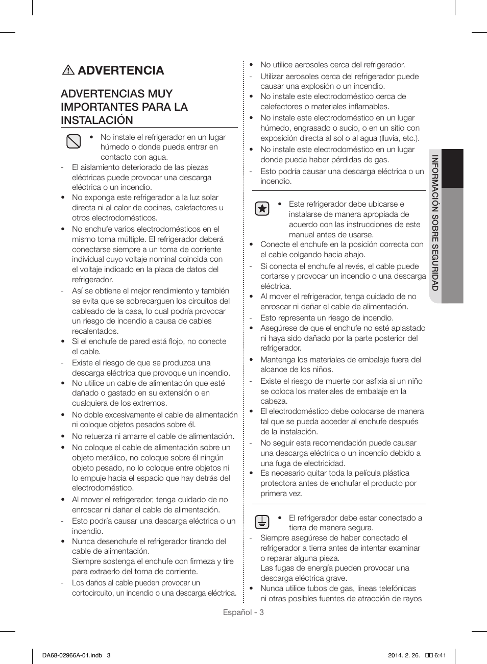 Advertencia, Advertencias muy importantes para la instalación | Samsung RS22HDHPNBC-AA User Manual | Page 43 / 116