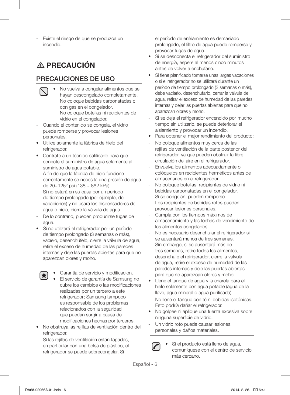 Precaución, Precauciones de uso | Samsung RS22HDHPNBC-AA User Manual | Page 46 / 116