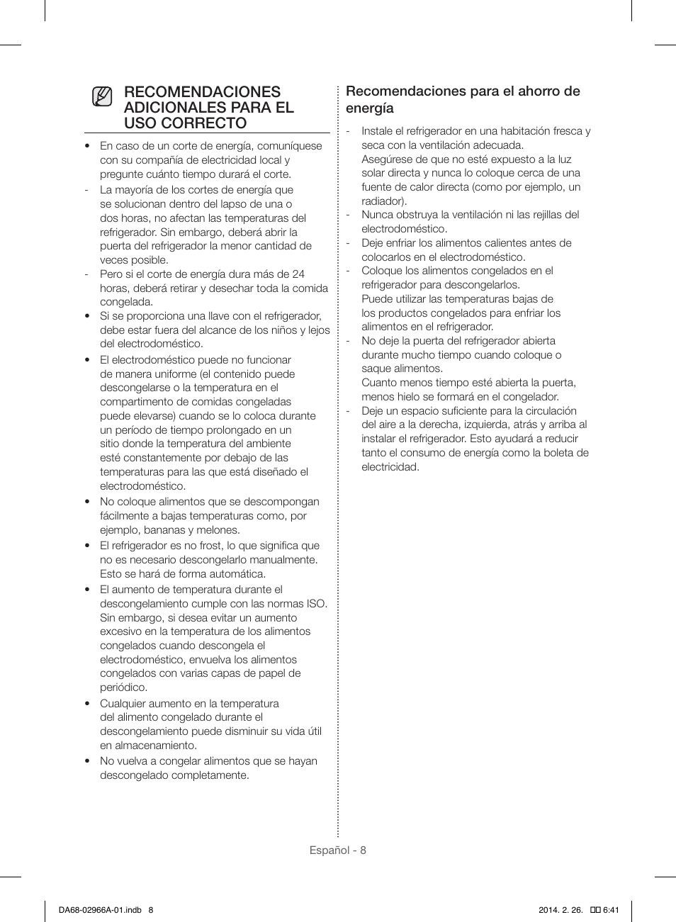 Recomendaciones adicionales para el uso correcto, Recomendaciones para el ahorro de energía | Samsung RS22HDHPNBC-AA User Manual | Page 48 / 116
