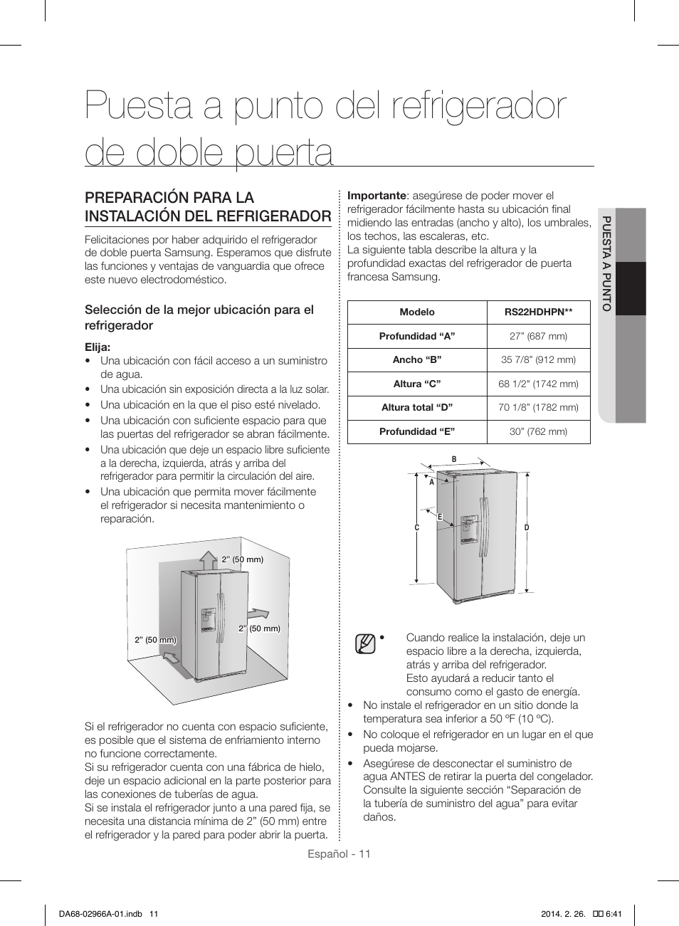 Puesta a punto del refrigerador de doble puerta, Preparación para la instalación del refrigerador | Samsung RS22HDHPNBC-AA User Manual | Page 51 / 116