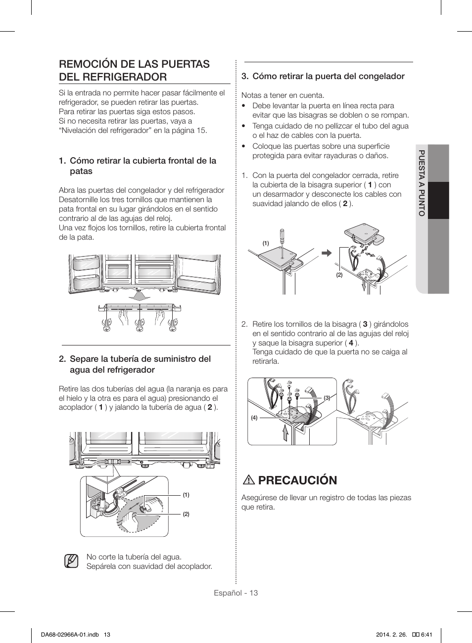 Precaución, Remoción de las puertas del refrigerador | Samsung RS22HDHPNBC-AA User Manual | Page 53 / 116