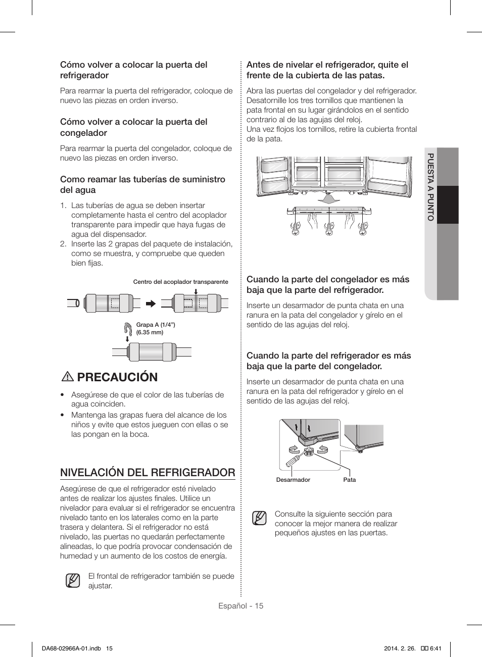 Precaución, Nivelación del refrigerador | Samsung RS22HDHPNBC-AA User Manual | Page 55 / 116