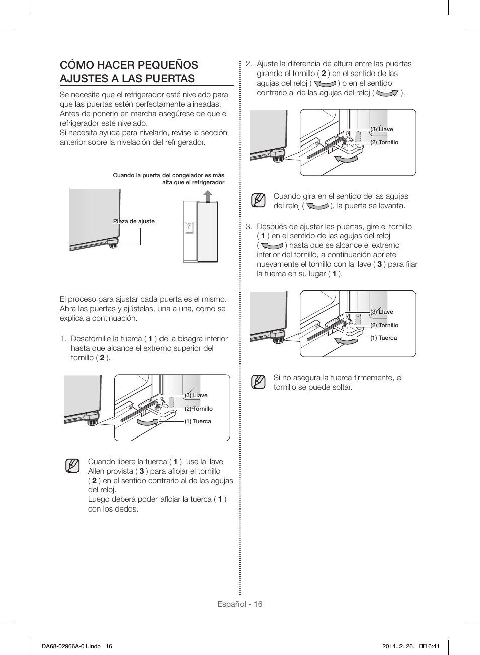 Cómo hacer pequeños ajustes a las puertas | Samsung RS22HDHPNBC-AA User Manual | Page 56 / 116