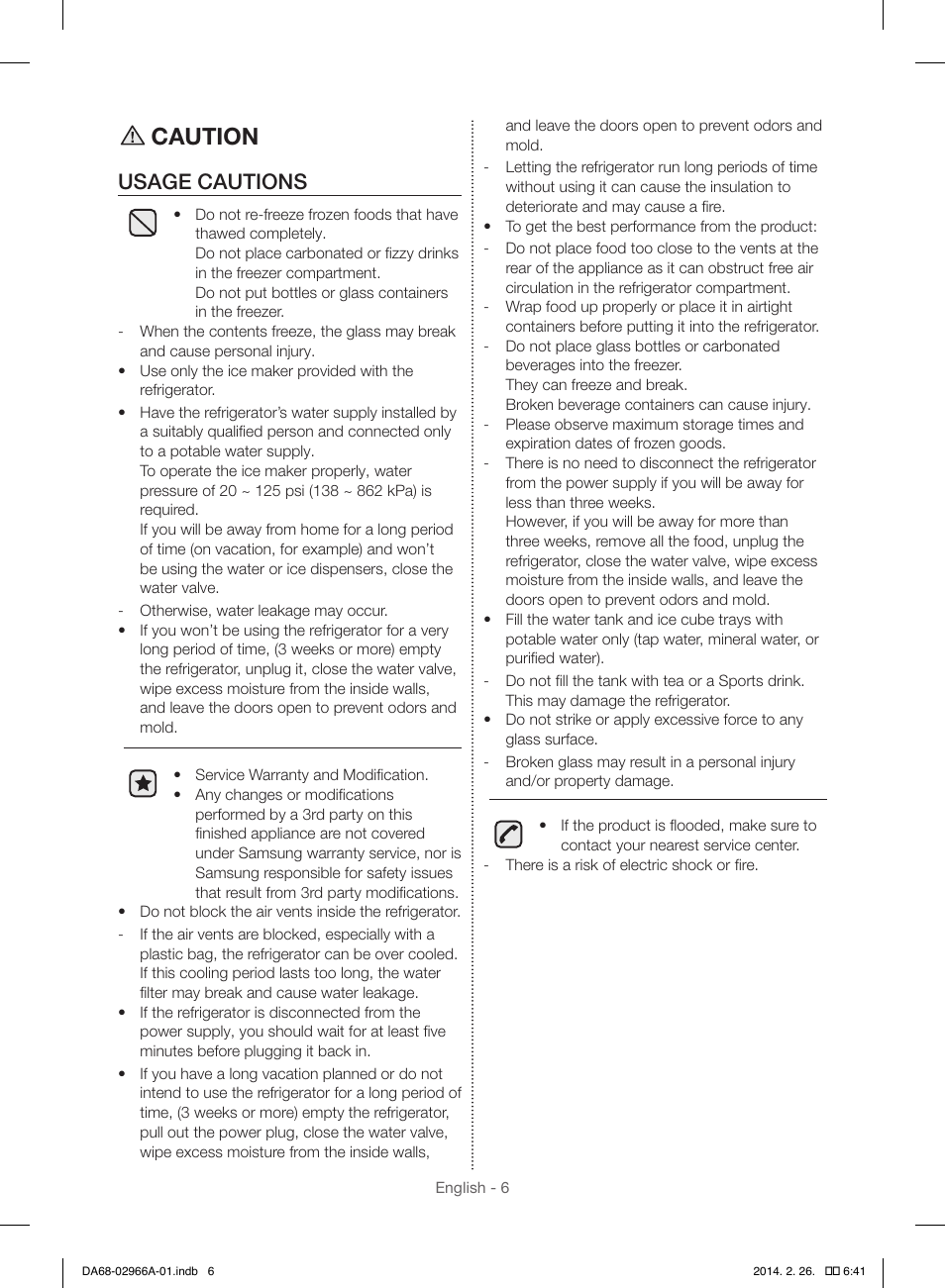 Caution, Usage cautions | Samsung RS22HDHPNBC-AA User Manual | Page 6 / 116
