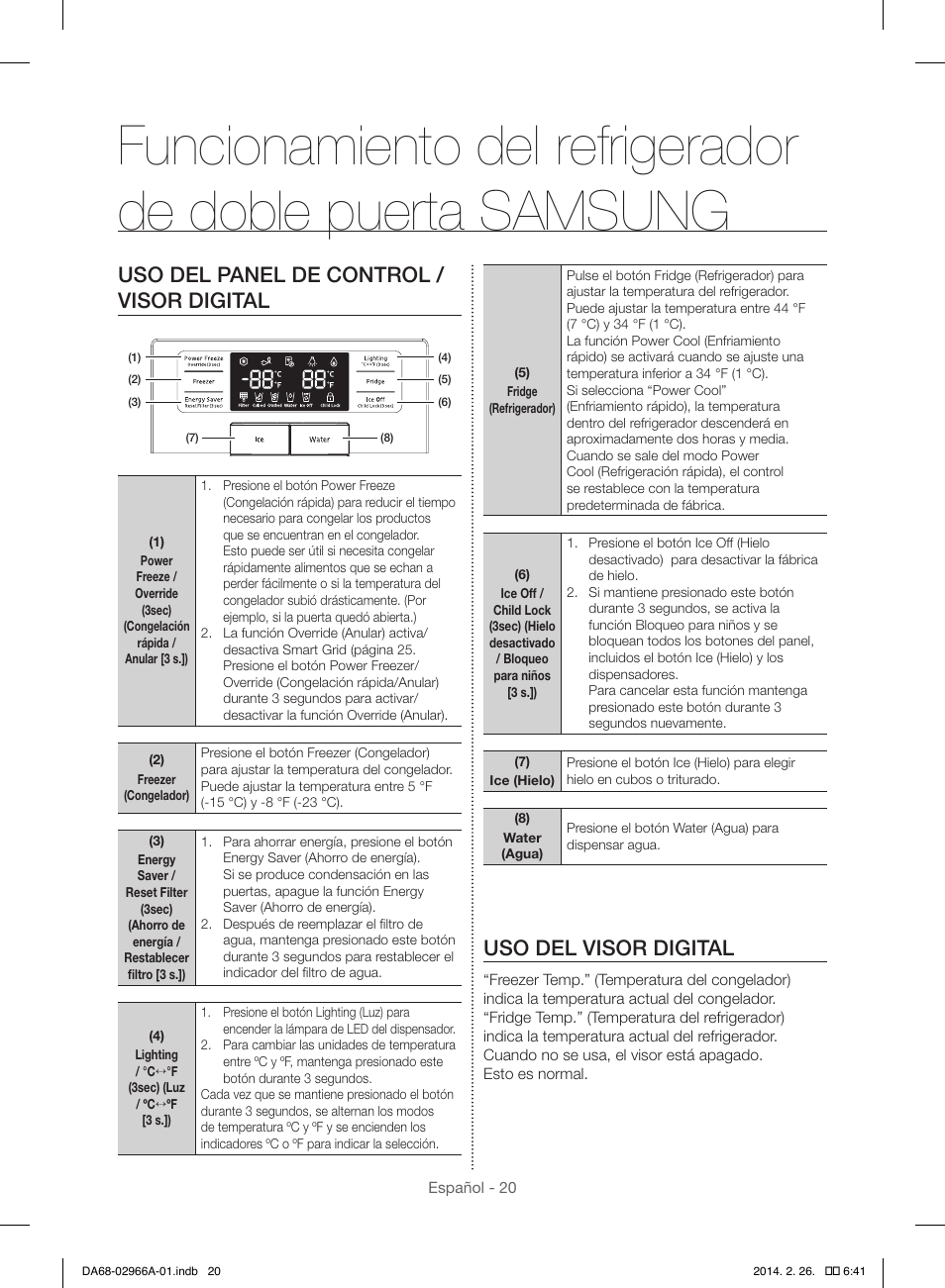 Uso del visor digital, Uso del panel de control / visor digital | Samsung RS22HDHPNBC-AA User Manual | Page 60 / 116