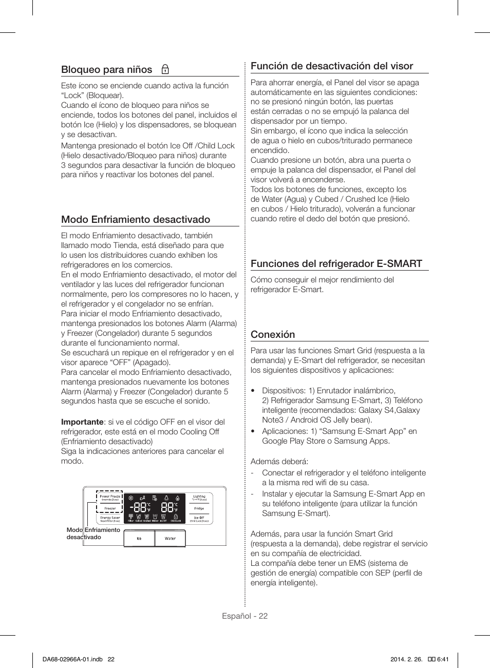 Bloqueo para niños, Modo enfriamiento desactivado, Función de desactivación del visor | Funciones del refrigerador e-smart, Conexión | Samsung RS22HDHPNBC-AA User Manual | Page 62 / 116