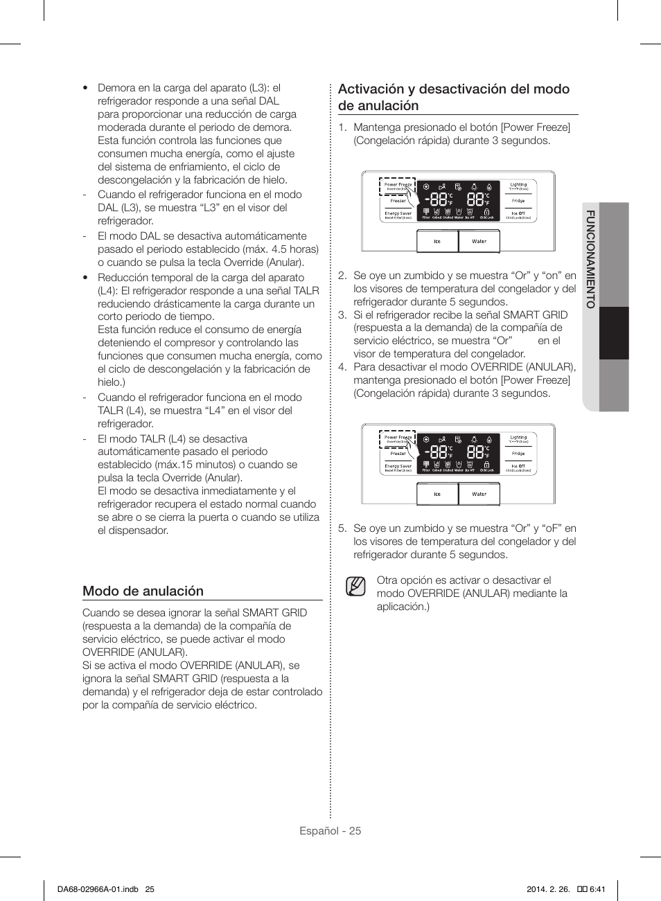 Modo de anulación, Activación y desactivación del modo de anulación | Samsung RS22HDHPNBC-AA User Manual | Page 65 / 116