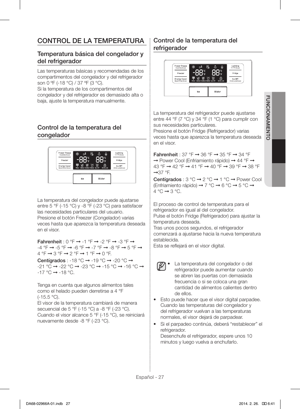 Control de la temperatura, Control de la temperatura del congelador, Control de la temperatura del refrigerador | Samsung RS22HDHPNBC-AA User Manual | Page 67 / 116