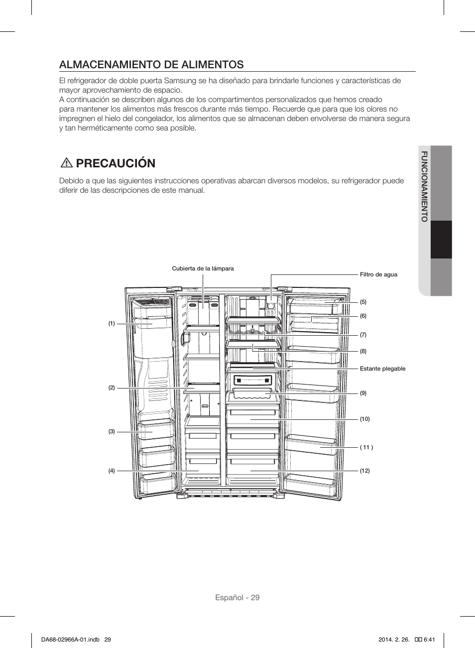 Precaución, Almacenamiento de alimentos | Samsung RS22HDHPNBC-AA User Manual | Page 69 / 116