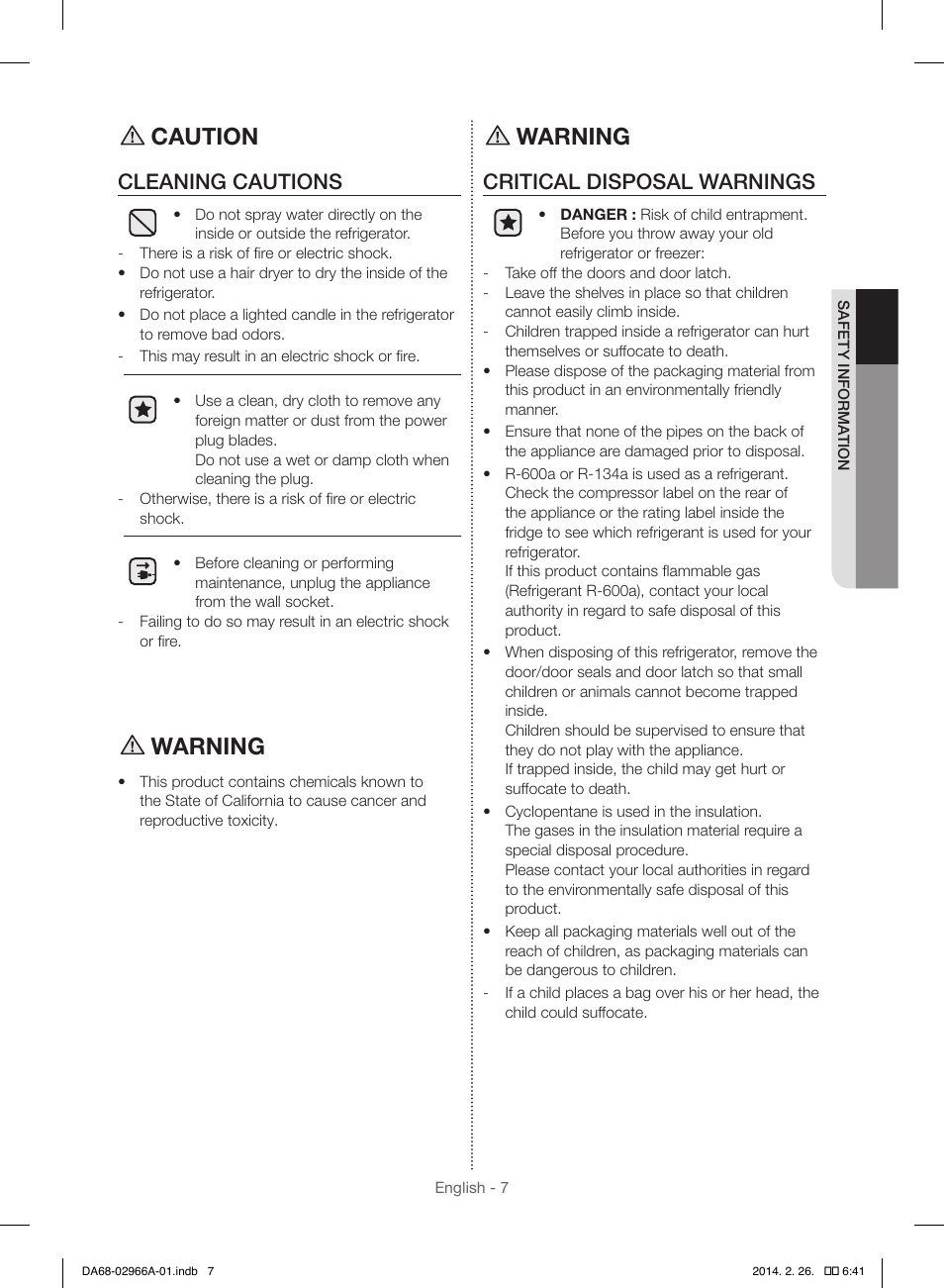 Caution, Warning, Cleaning cautions | Critical disposal warnings | Samsung RS22HDHPNBC-AA User Manual | Page 7 / 116