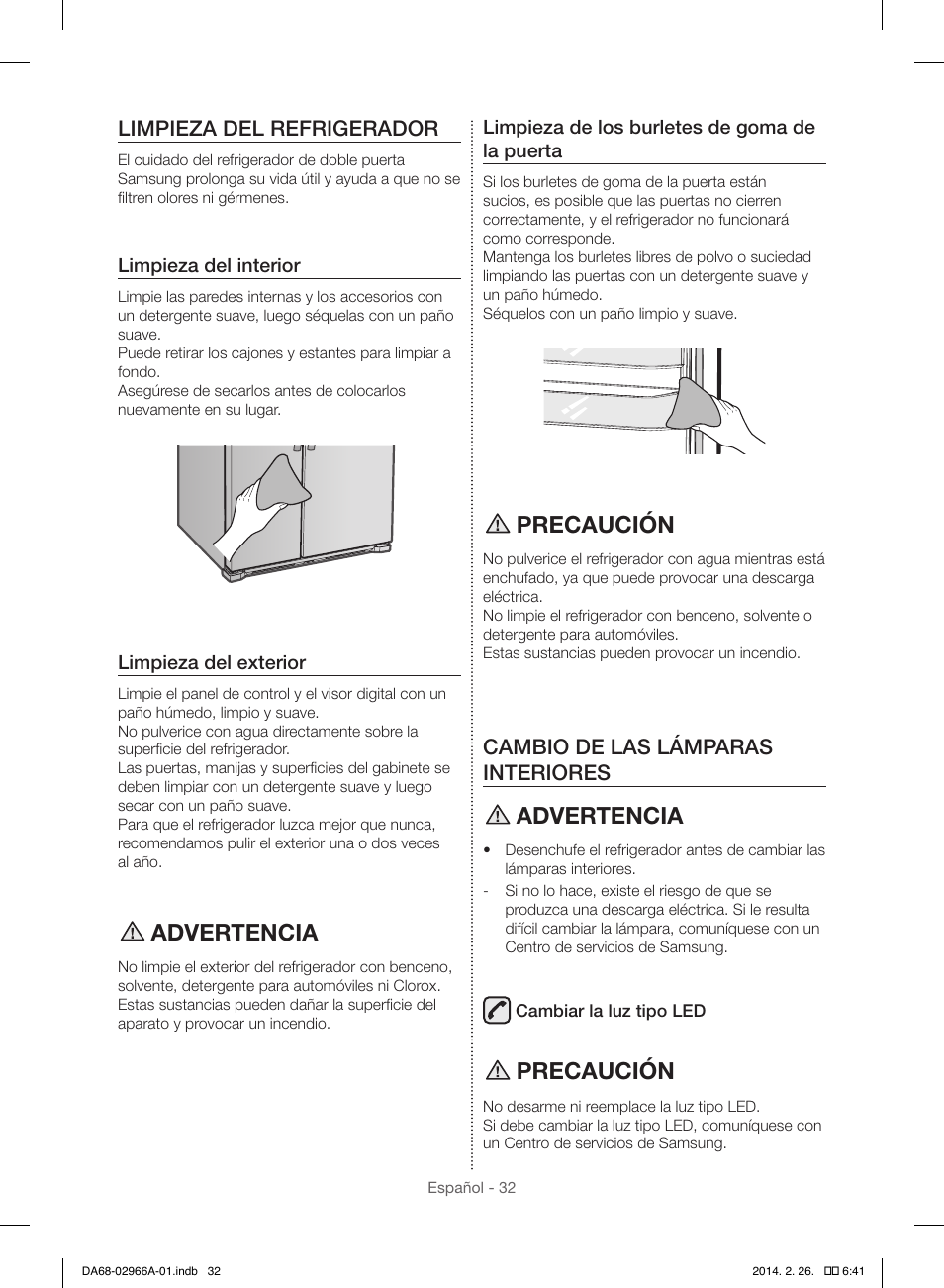 Advertencia, Precaución, Limpieza del refrigerador | Cambio de las lámparas interiores | Samsung RS22HDHPNBC-AA User Manual | Page 72 / 116