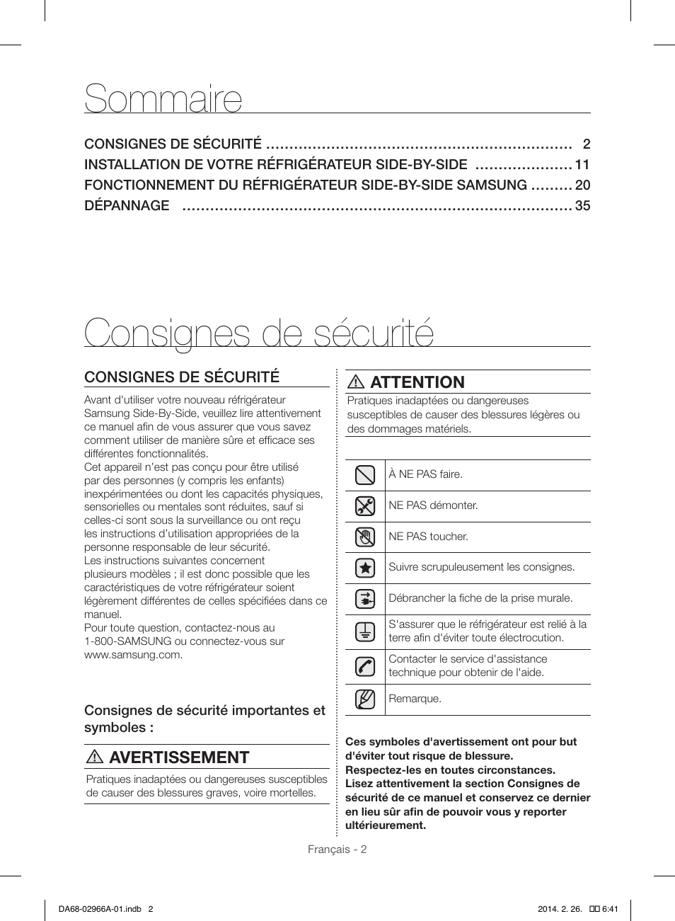 Consignes de sécurité, Sommaire | Samsung RS22HDHPNBC-AA User Manual | Page 80 / 116