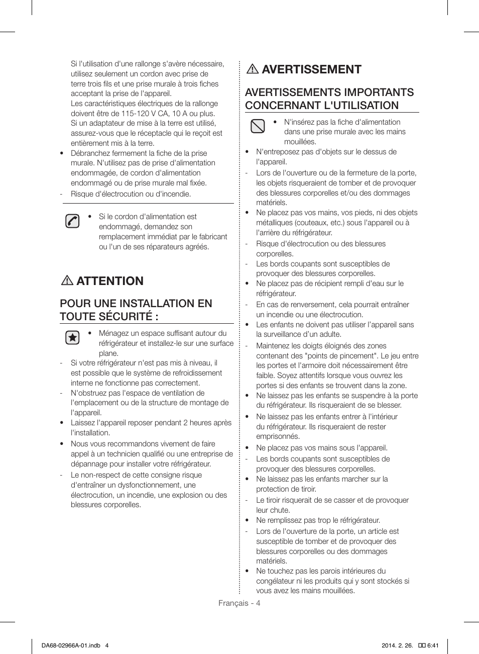 Attention, Avertissement, Pour une installation en toute sécurité | Avertissements importants concernant l'utilisation | Samsung RS22HDHPNBC-AA User Manual | Page 82 / 116