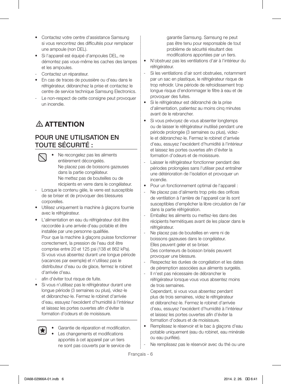 Attention, Pour une utilisation en toute sécurité | Samsung RS22HDHPNBC-AA User Manual | Page 84 / 116