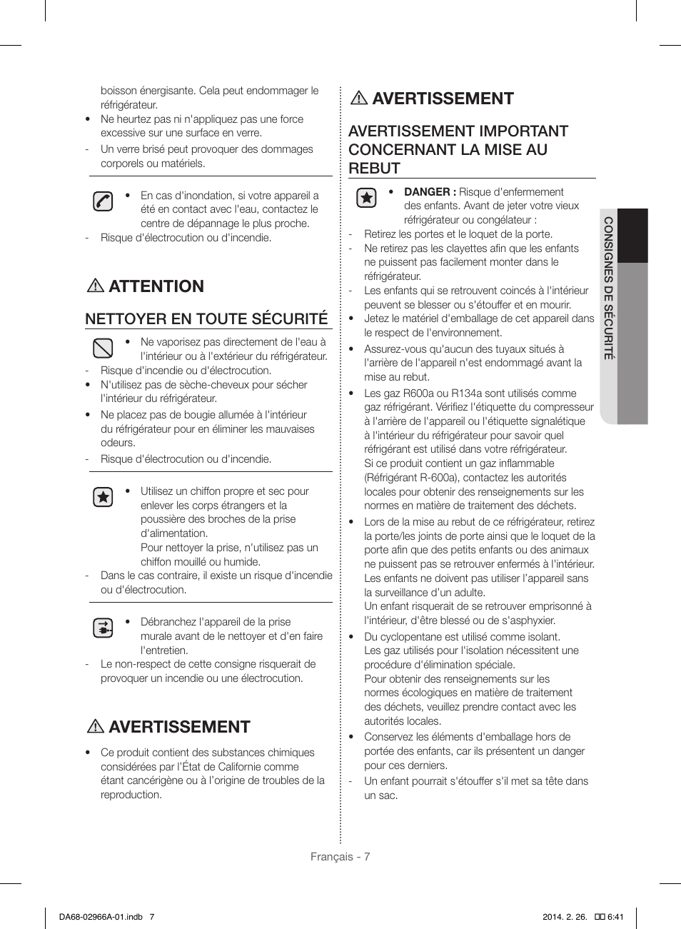 Attention, Avertissement, Nettoyer en toute sécurité | Samsung RS22HDHPNBC-AA User Manual | Page 85 / 116