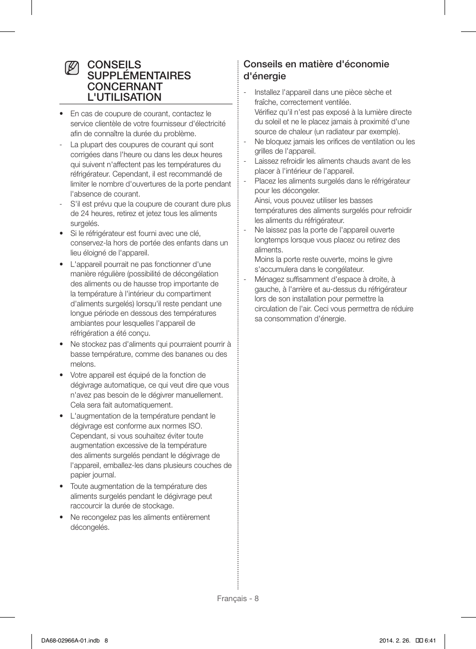 Conseils supplémentaires concernant l'utilisation, Conseils en matière d'économie d'énergie | Samsung RS22HDHPNBC-AA User Manual | Page 86 / 116