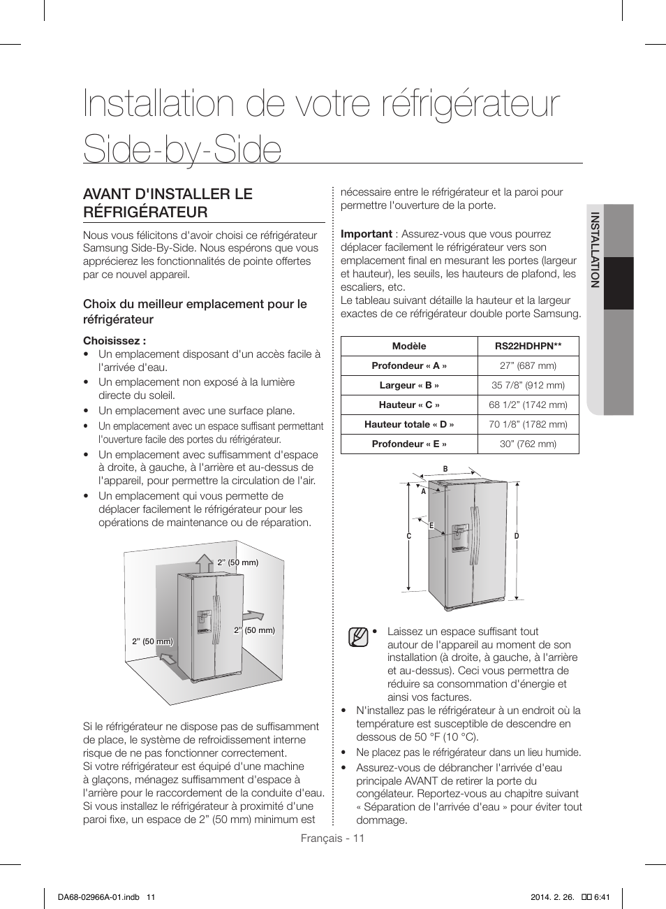 Installation de votre réfrigérateur side-by-side, Avant d'installer le réfrigérateur | Samsung RS22HDHPNBC-AA User Manual | Page 89 / 116