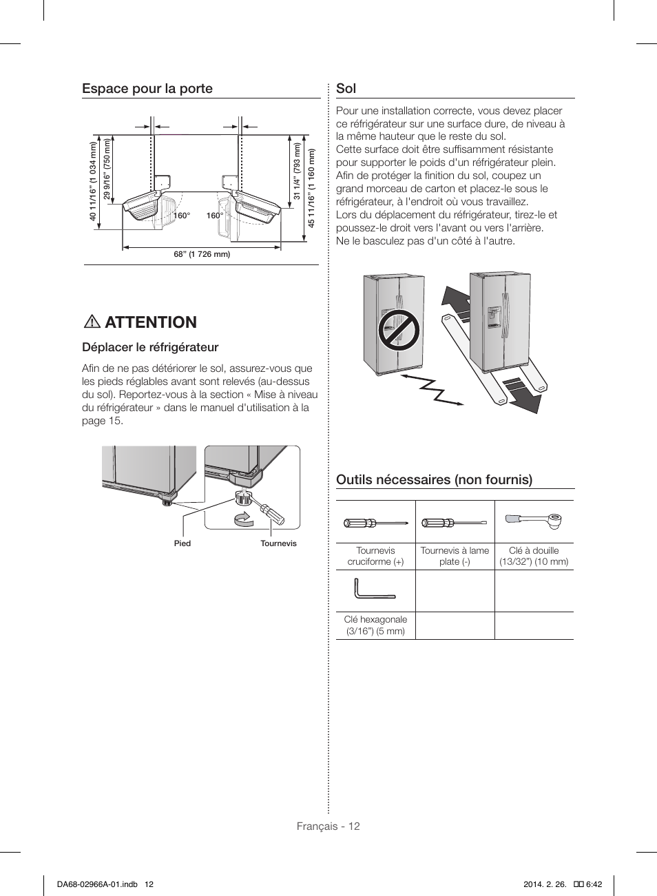 Attention, Espace pour la porte, Outils nécessaires (non fournis) | Samsung RS22HDHPNBC-AA User Manual | Page 90 / 116