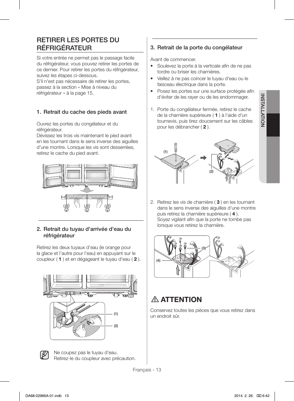 Attention, Retirer les portes du réfrigérateur | Samsung RS22HDHPNBC-AA User Manual | Page 91 / 116