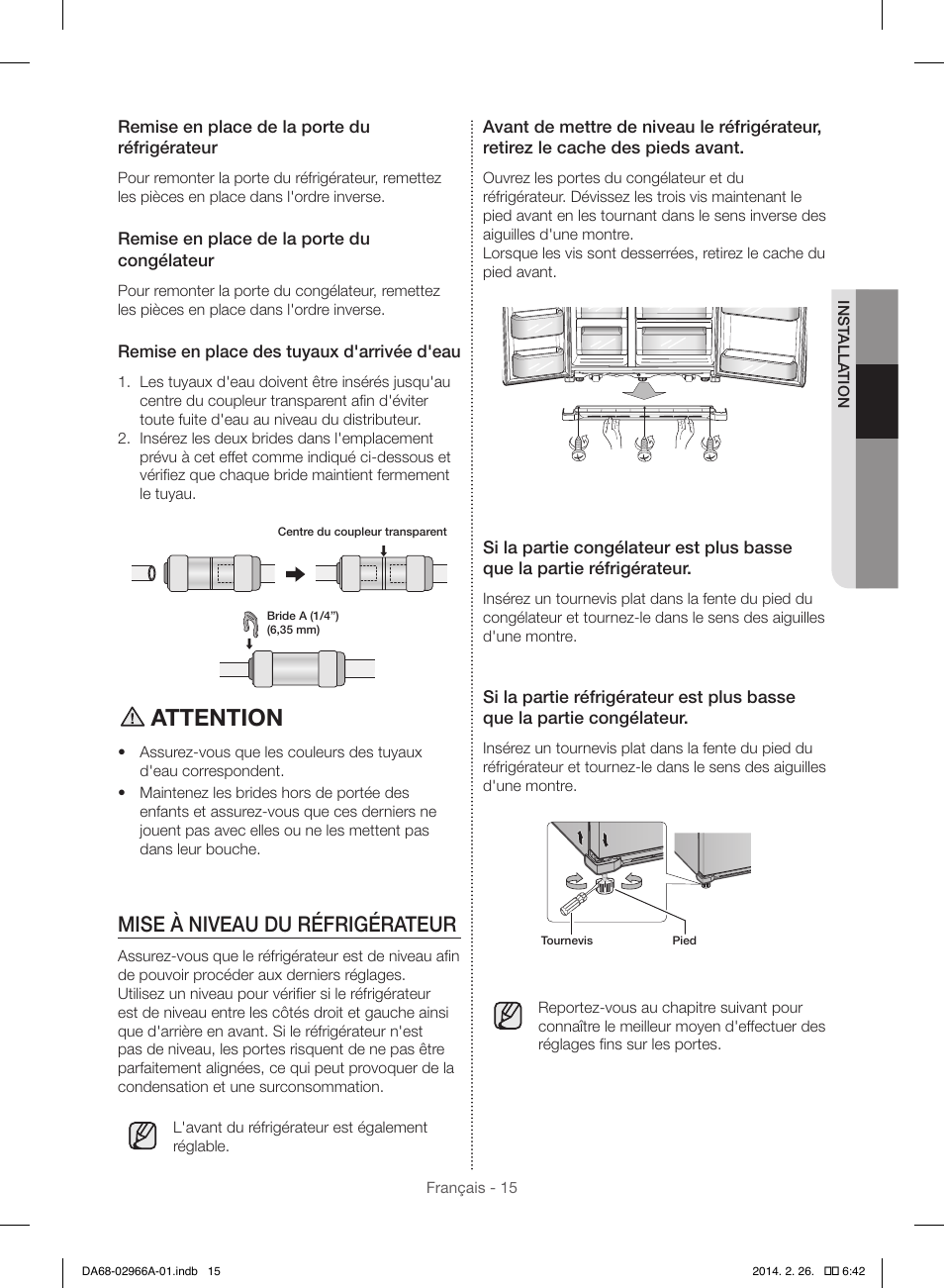 Attention, Mise à niveau du réfrigérateur | Samsung RS22HDHPNBC-AA User Manual | Page 93 / 116