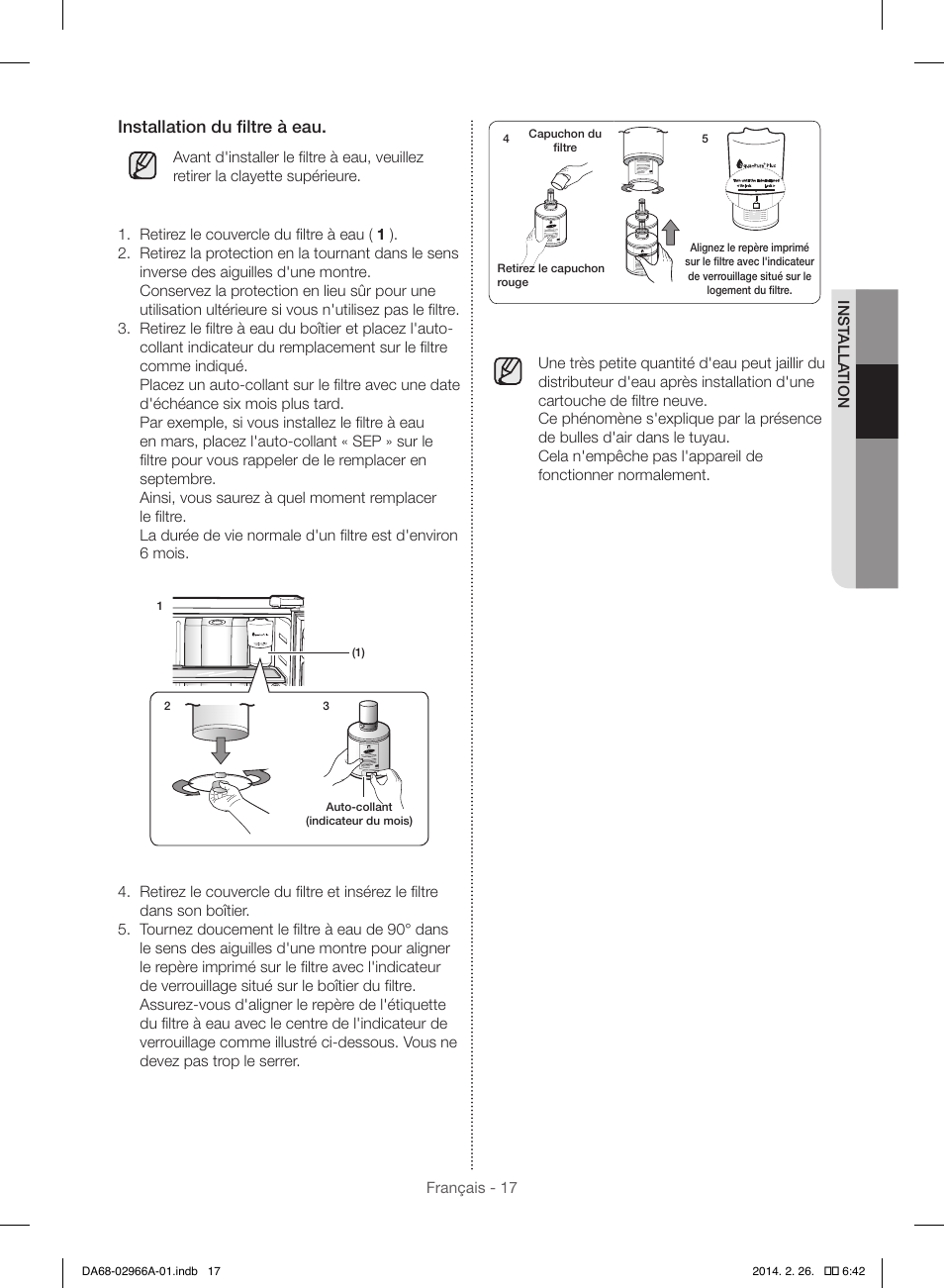 Installation du filtre à eau | Samsung RS22HDHPNBC-AA User Manual | Page 95 / 116