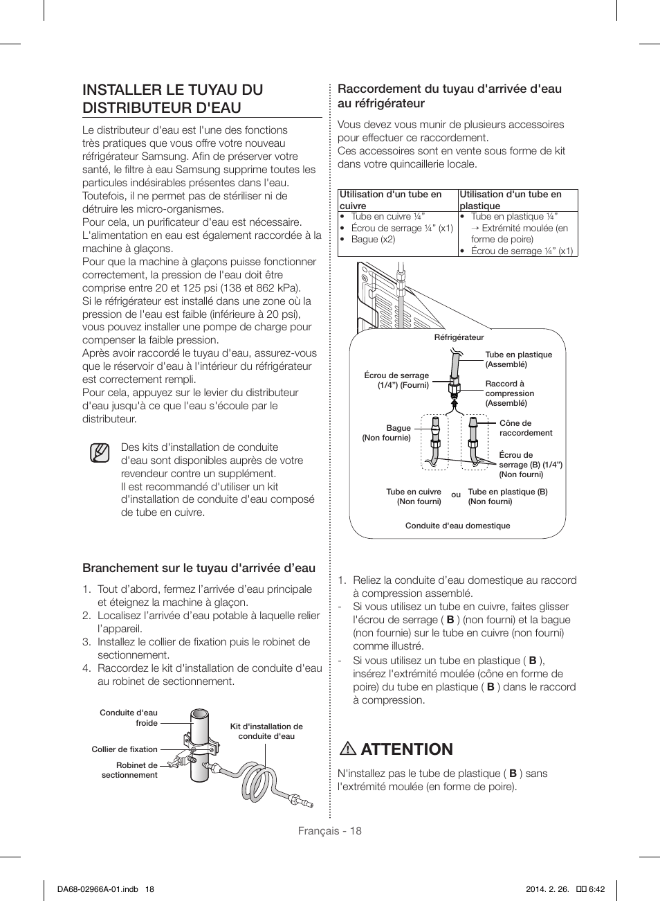 Attention, Installer le tuyau du distributeur d'eau | Samsung RS22HDHPNBC-AA User Manual | Page 96 / 116