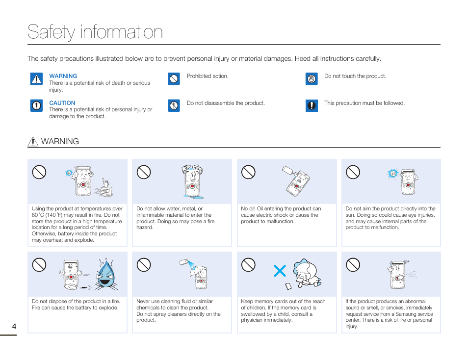 Safety information, Warning | Samsung HMX-W200TN-XAA User Manual | Page 10 / 93