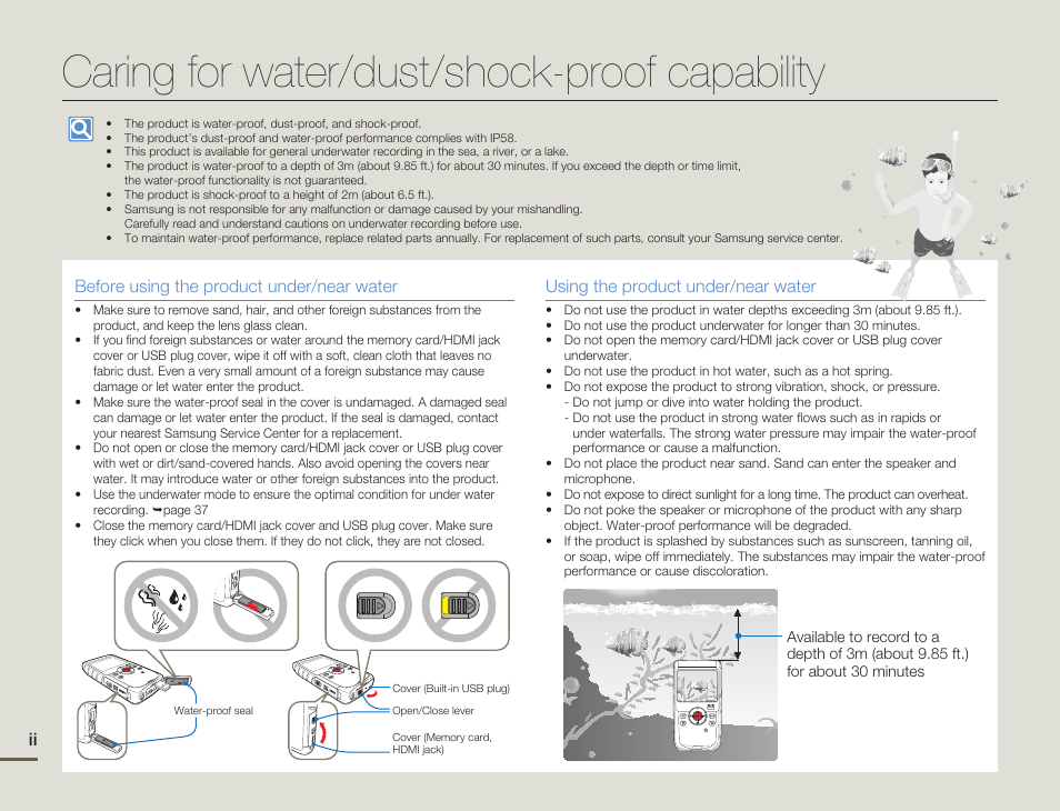 Caring for water/dust/shock-proof capability | Samsung HMX-W200TN-XAA User Manual | Page 2 / 93