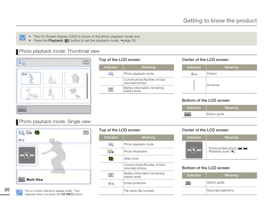 Getting to know the product, Photo playback mode: single view, Photo playback mode: thumbnail view | Samsung HMX-W200TN-XAA User Manual | Page 26 / 93