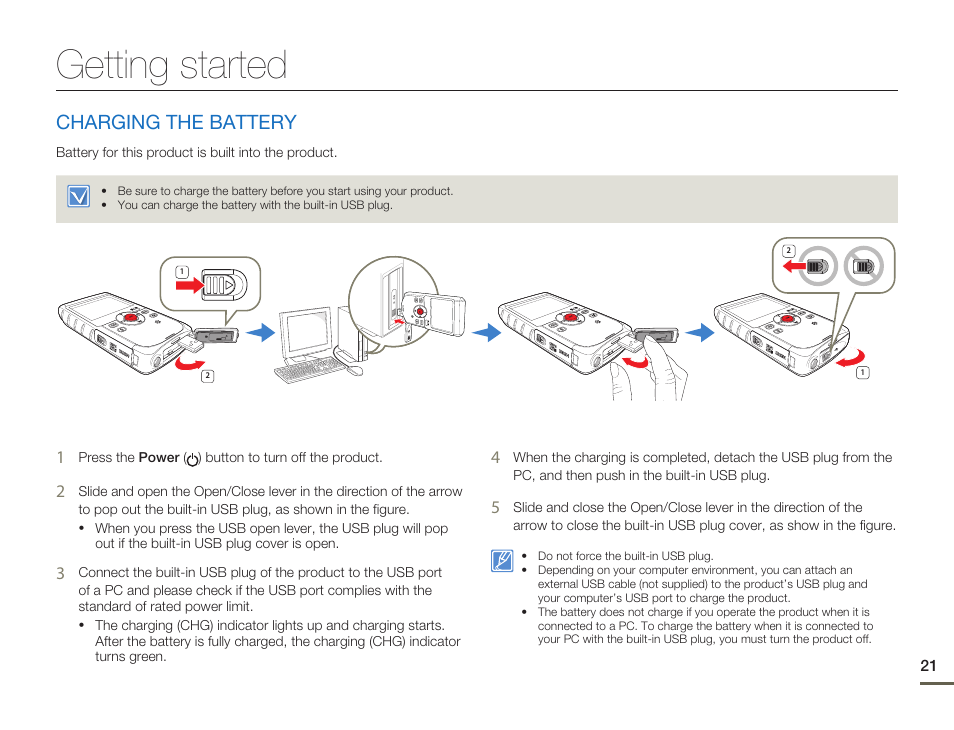 Getting started, Charging the battery | Samsung HMX-W200TN-XAA User Manual | Page 27 / 93