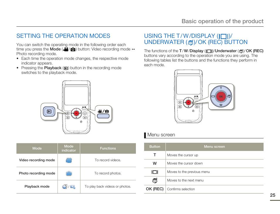 Setting the operation modes | Samsung HMX-W200TN-XAA User Manual | Page 31 / 93