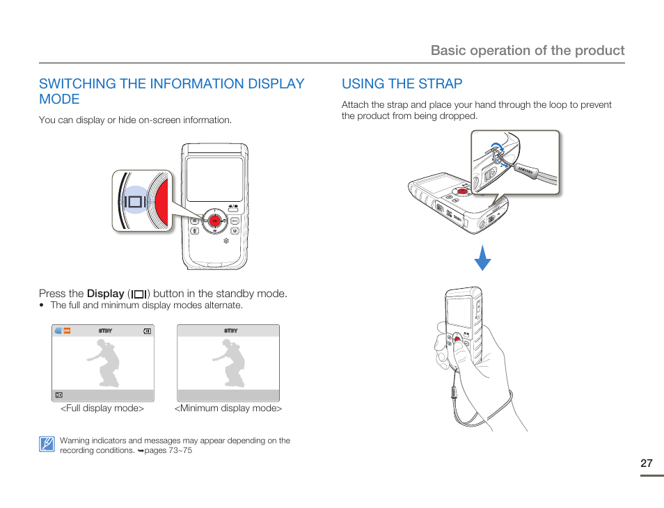 Switching the information display mode, Using the strap | Samsung HMX-W200TN-XAA User Manual | Page 33 / 93