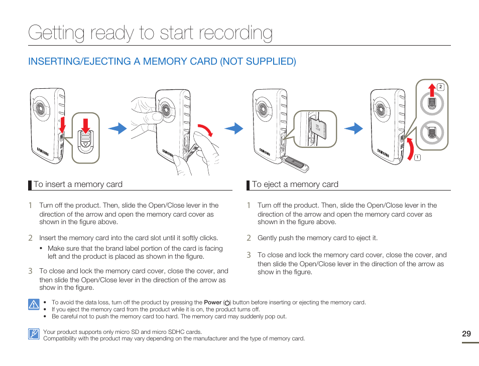 Getting ready to start recording, Inserting/ejecting a memory card (not supplied) | Samsung HMX-W200TN-XAA User Manual | Page 35 / 93