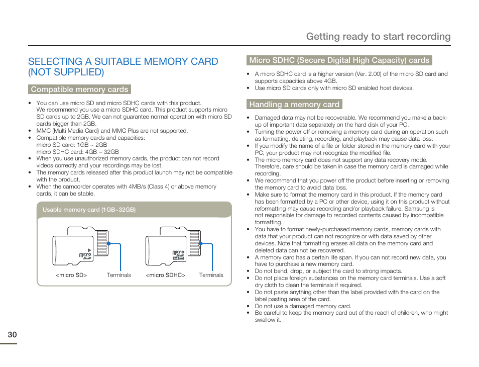 Selecting a suitable memory card (not supplied) | Samsung HMX-W200TN-XAA User Manual | Page 36 / 93