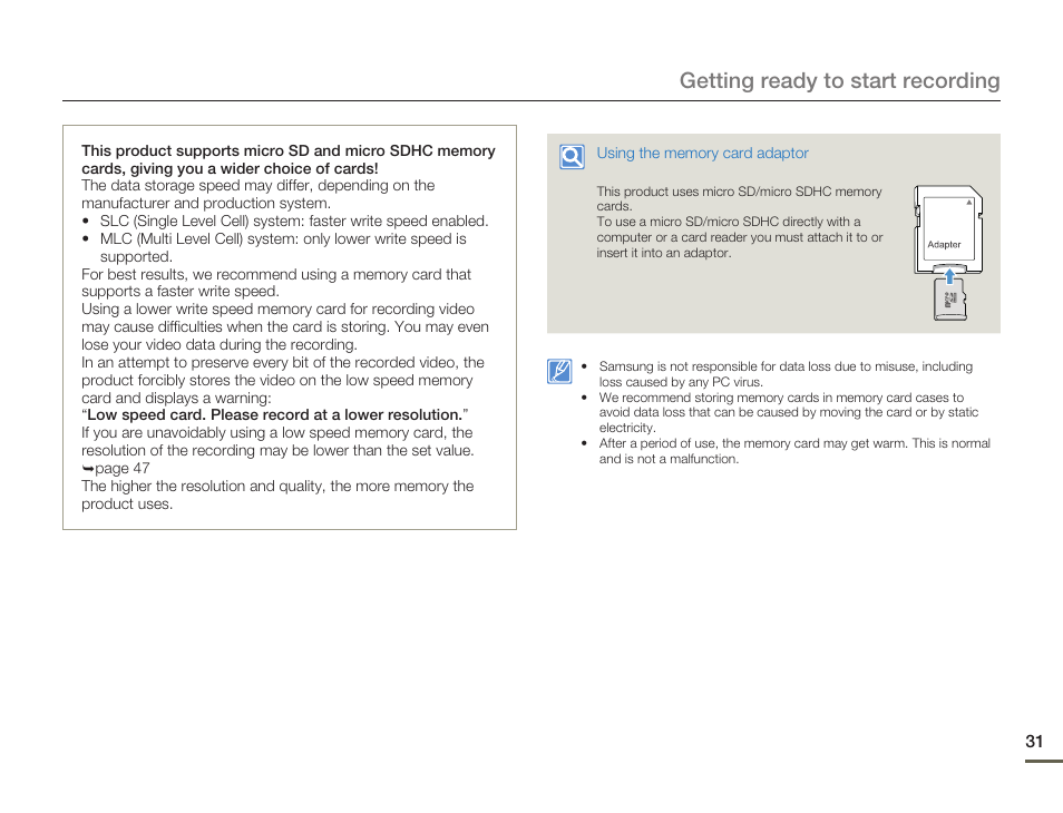 Getting ready to start recording | Samsung HMX-W200TN-XAA User Manual | Page 37 / 93