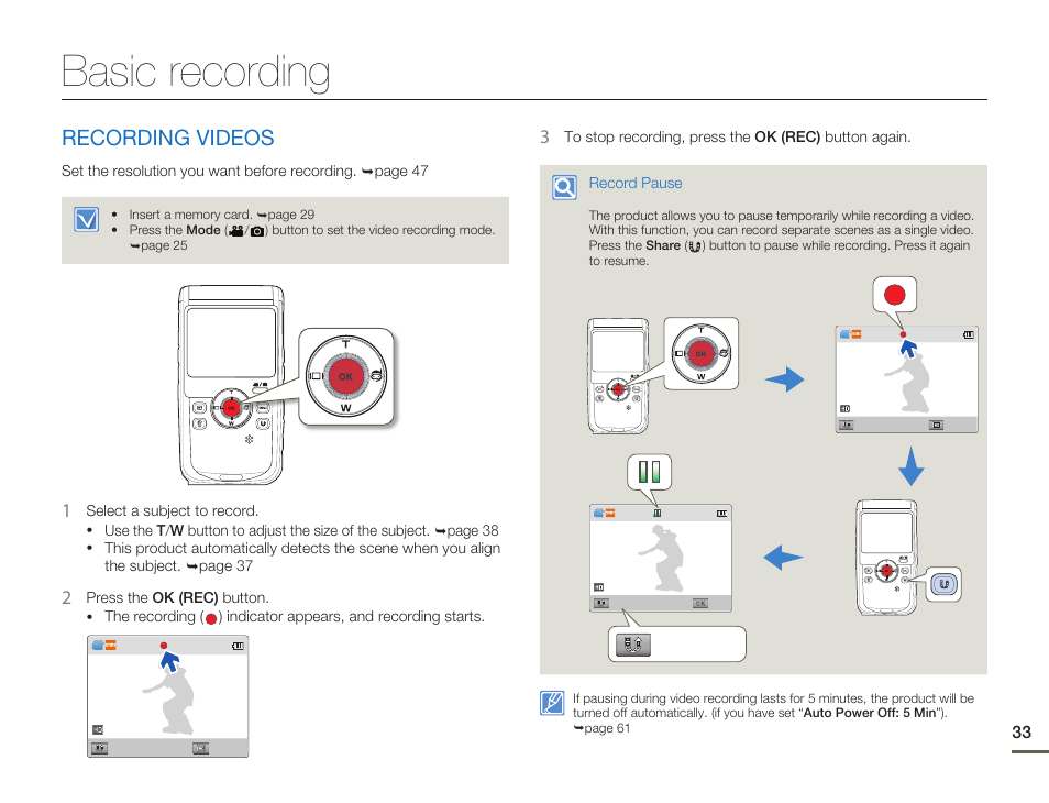 Basic recording, Recording videos, Resume | Samsung HMX-W200TN-XAA User Manual | Page 39 / 93