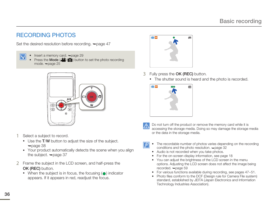 Recording photos, Basic recording recording photos | Samsung HMX-W200TN-XAA User Manual | Page 42 / 93